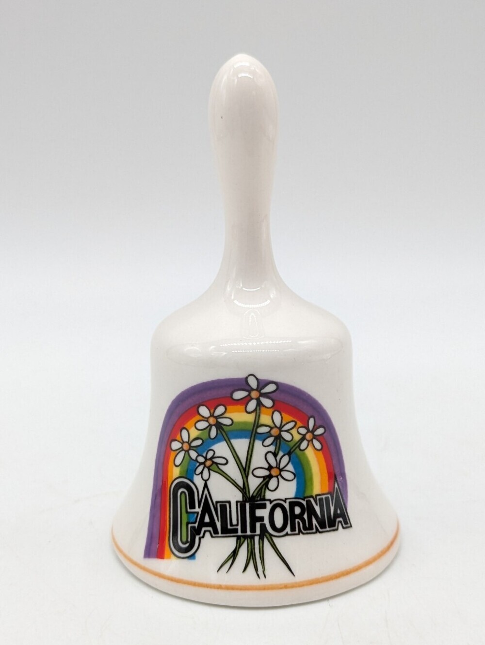 Vintage California White Rainbow Daisy Floral Ceramic Souvenir Bell